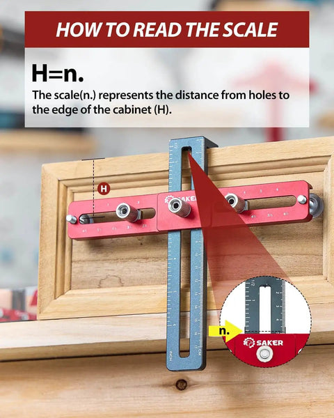 Cabinet Hardware Doweling Jig For Knobs And Pulls, Adjustable Self Centering Punch Locator, installed on wood surface
