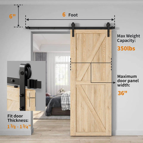 Beefy Heavy Duty Sliding Barn Door Hardware Kit for 6ft Single Door, Smooth Quiet Operation, Easy To Install, Fits 1 3 8 To 1 3 4 Inch Door Thickness, Black With J Shape Hangers, 350 Lb Capacity, Anti Jump Safety installed on a wooden door in a living room setting.
