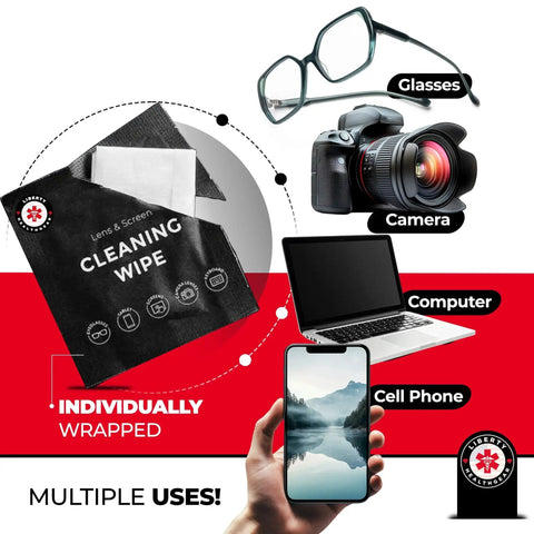 Premoistened Eyeglass Wipes With Microfiber Cloth, shown next to glasses, camera, laptop, phone, highlighting multiple uses.