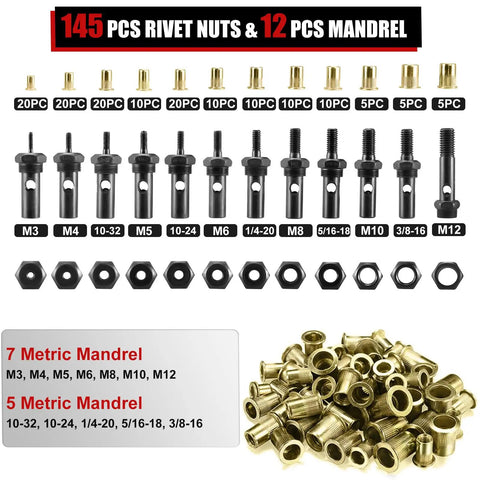 Rivet Nut Tool Kit With 16 Inch Quick Change Head, 12 Interchangeable Metric And SAE Mandrels, 145 Rivnuts, And Rugged Carrying Case For Pro Grade Fastener Installations displayed with components.