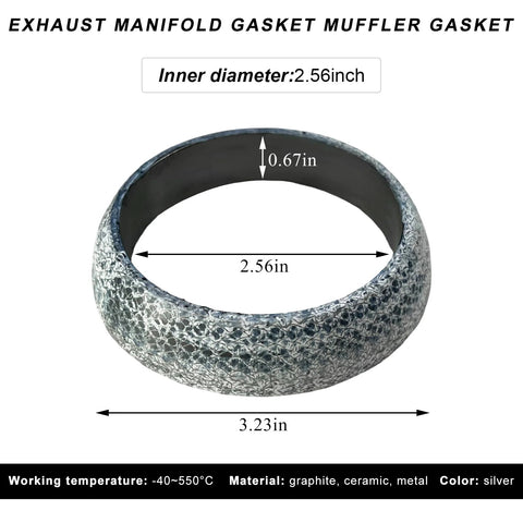 65mm car exhaust gasket donut, graphite/metal, silver; inner 2.56in, outer 3.23in, Amazon.
