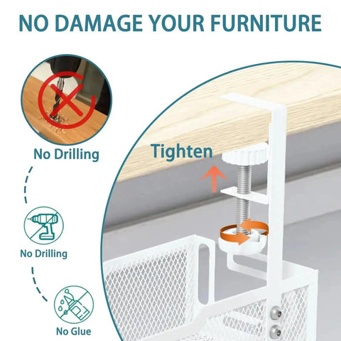Under Desk Cable Management Tray No Drill Mesh Organizer with adjustable clamp installation under wooden desk, white finish
