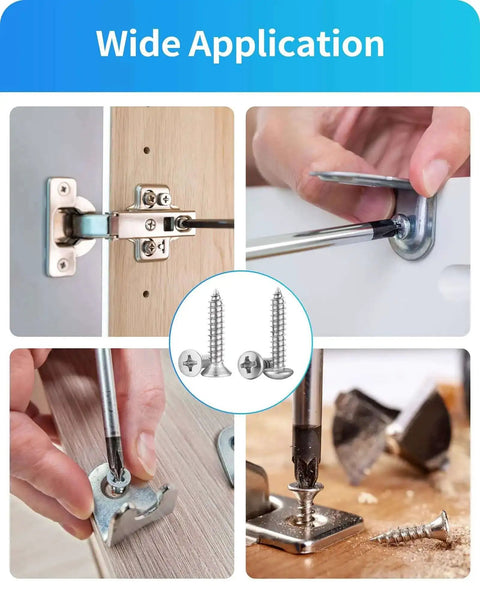 Image showing various applications of the 580 Piece Stainless Steel Wood And Sheet Metal Screw Set With 16 Sizes M3 To M6 Phillips Pan Head And Flat Head Self Tapping Screws 12mm 20mm 25mm 40mm 50mm Silver Hardware Kit For Projects Pro Grade Quality, including furniture assembly and hardware installation.