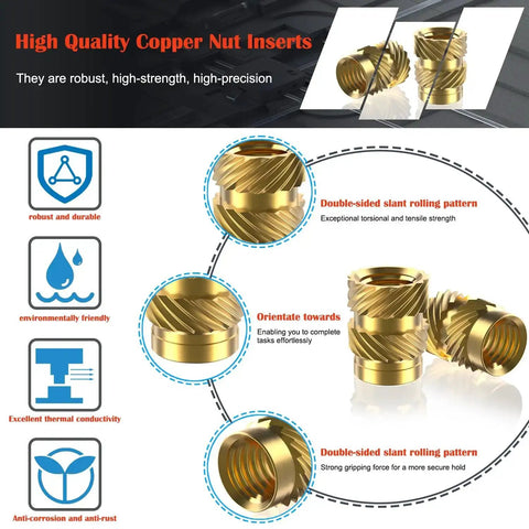 SAE Threaded Inserts Kit With Brass Heat Set Inserts For Plastic And 3D Printing, includes knurled and double-sided slant design.