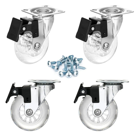 Four 3-inch clear polyurethane caster wheels with locking brakes and swivel mounting plates; screws included