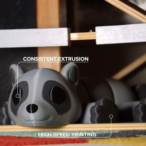 Black PETG Filament 1.75mm 1kg Beefed Up High Speed Formula Up To 300mm Per Second, 3D printed raccoon figure demonstrating detail
