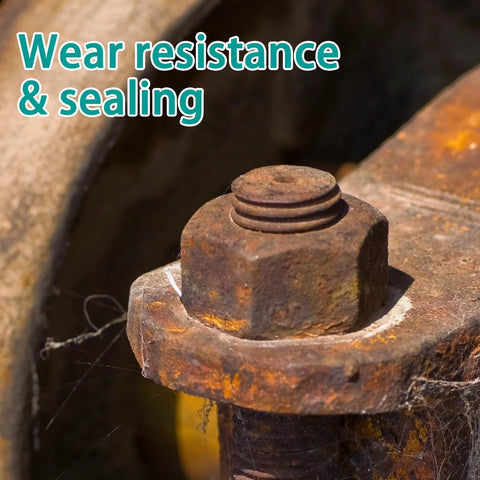 Rusty bolt and nut on a corroded metal surface with wear resistance and sealing text overlay.
