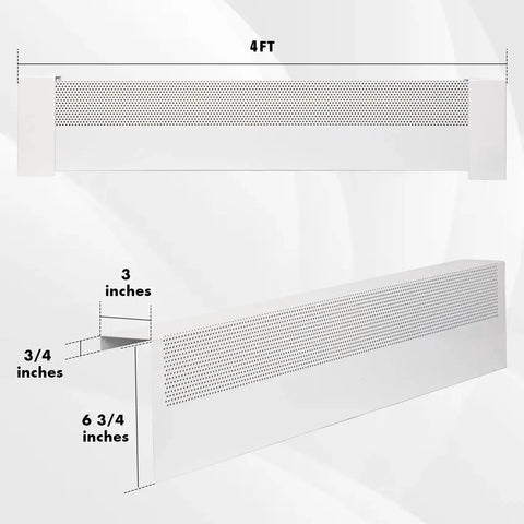 4 Foot Baseboard Heater Cover With Left And Right End Caps For Replacing Old Rusty Electric And Baseboard Covers, Easy Fit Radiator Shield For Home Heating, shown in white enamel with dimensions.