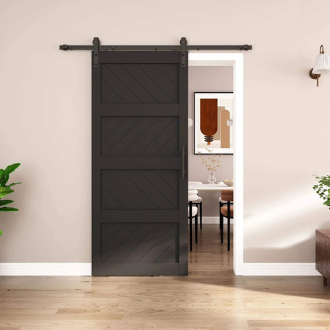 36x84 Inches Sliding Barn Door Four Panel Black With Hardware Kit Installed in Living Room, Dope Wave Pattern, Waterproof Panels Visible