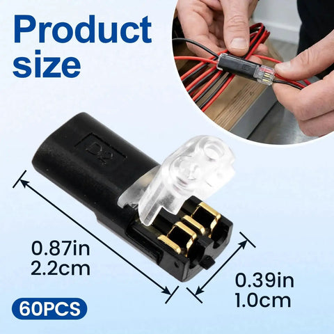 Illustration showing a 60 Pcs Quick Clip Wire Connectors Set For 18 To 22 AWG Low Voltage LED Strips with plug details and installation.