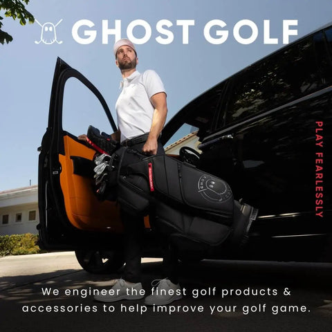 Man holding a black Ghost Golf bag standing next to an open car door, wearing a white shirt and black pants.