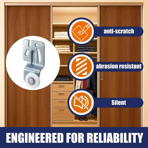 Top-Hung Sliding Door Roller Kit With 4 Durable Wardrobe Wheels for Bypass Closet and Kitchen Doors shown in wardrobe