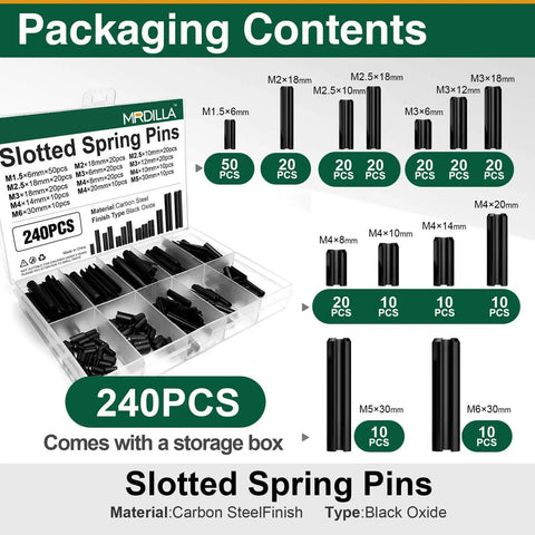 240 Piece Roll Pin Set With Metric Slotted Spring Pins In Sizes M1.5X6 Through M6X30, stored in labeled sections