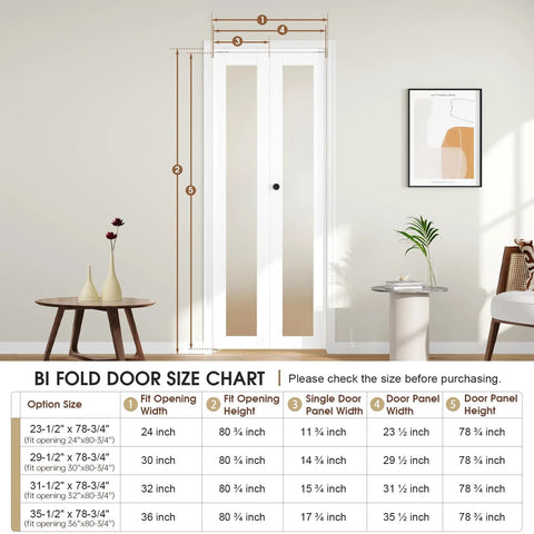 Front view of 32 Inch Bifold Closet Doors With Full Lite Frosted Glass Panels in a living room setting with size chart display.