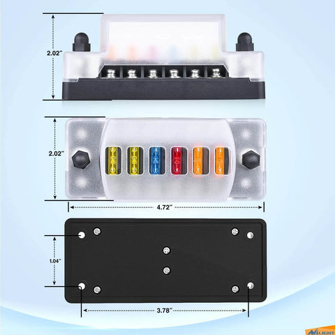Top view of Six Way Fuse Block With Negative Bus And 12V Blade Fuse Holder For Auto Electrical Systems, dimensions shown.
