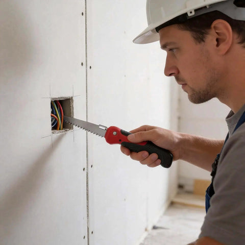 Person using Five In One Folding Hand Saw For Drywall And More With Quick Change Blades Great For Sheetrock Plywood PVC And Metal Cutting