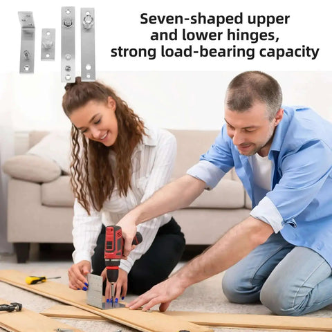 Couple installing Beefy Heavy Duty Stainless Steel Door Pivot Hinges Concealed Hidden Hardware with tools and hinges inset.