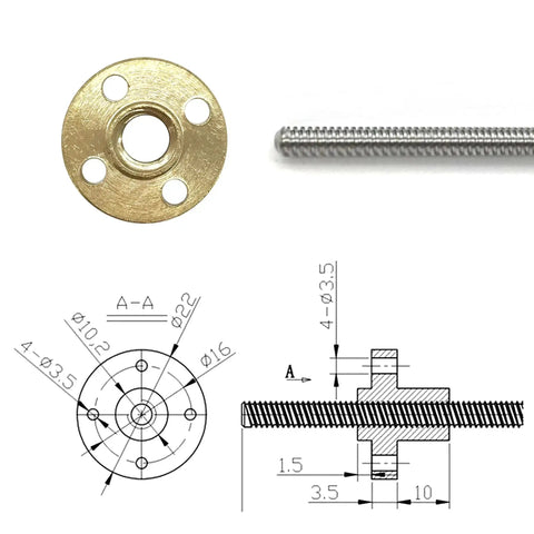 Two Pack 400mm TR8X2 Lead Screws With T8 Brass Nut for 3D Printer Z Axis Acme Thread 2mm Pitch 1 Start 2mm Lead shown with technical drawings