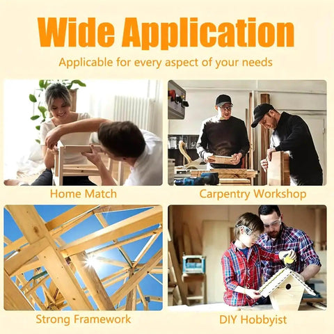 Image showing four woodworking scenarios: home assembly, carpentry workshop, strong framework construction, and hobbyist DIY project.