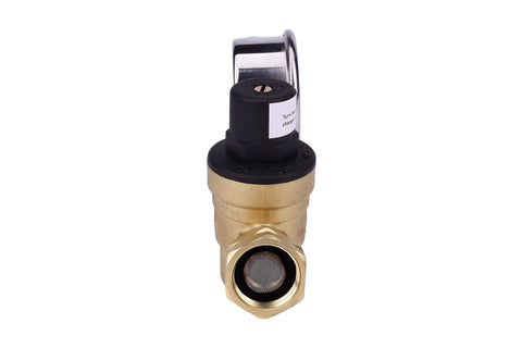 Brass RV water pressure regulator with black plastic top, metal loop handle, and 3/4 in fittings
