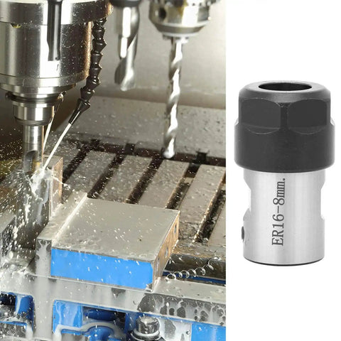 ER16 Collet Block Chuck Holder With Spiral Linear Thread for lathes and milling machines, shown in CNC setup with spindle clamping.