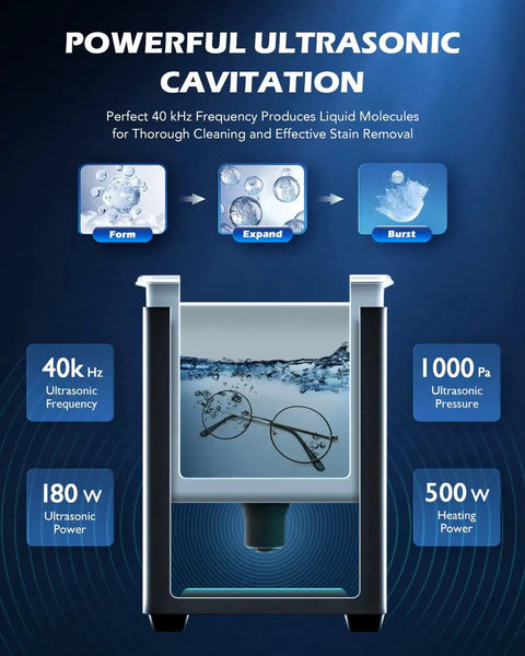 6L Ultrasonic Cleaner With Degas, Heater And Digital Control, 180W Power, showing ultrasonic cavitation on eyeglasses