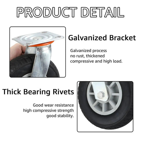 Close-up of 8 Inch Heavy Duty Caster Wheels Set Of 2 With 360 Degree Swivel And 3000 Lbs Load Capacity Thermoplastic Rubber Wheels On Galvanized Steel Plate.