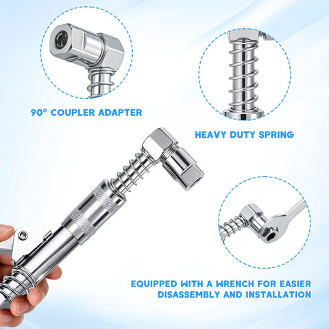 Grease gun fittings kit from Amazon with 90° coupler, heavy-duty spring, 12in hose, and 2 needle nozzle tips