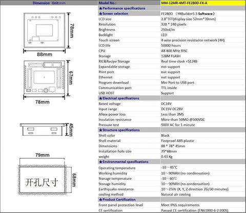 Technical specifications and dimensions for a 2.8 inch All In One PLC HMI with seven input five relay outputs and FX1S compatibility.