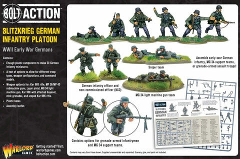 German WWII 28mm Bolt Action Infantry Miniatures Set, Plastic Figures, Various Poses, Includes Kar 98K, MP40, MG34 for Tabletop Wargaming