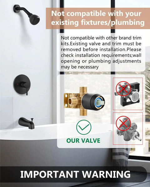 Matte Black Tub Shower Faucet Set With Valve And Shower Head By GBBNE installed in a modern bathroom, showing compatibility warning.