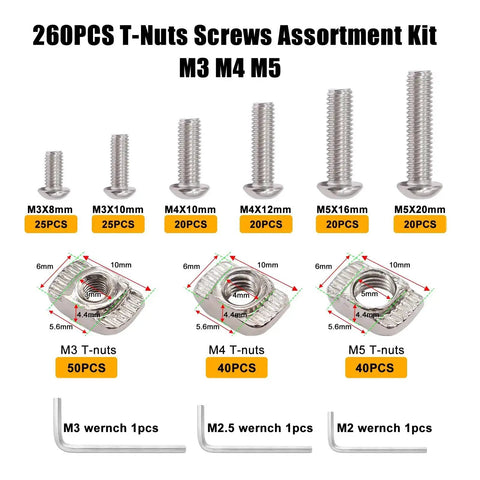 260 Piece T Nuts And Screws Kit For M-LOK And 2020 Aluminum Profiles with M3, M4, M5 sizes and hex wrenches displayed against white background