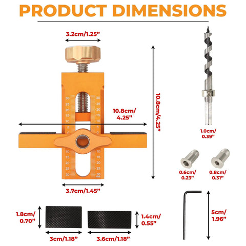 Pro Grade Cabinet Door Positioner Jig With 2 In 1 Versatility includes dimensions and parts layout, dual scales, aluminum build.
