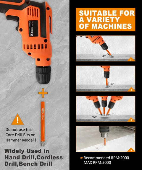 Dry Diamond Drill Bit Set 10 Piece Quarter Inch 6mm Vacuum Brazed Core Drill Bits For Granite Marble Concrete Tile Ceramic Glass And Hard Plastic With Built In Wax Cooling For Smooth Lubrication All Purpose Drilling Kit Dope used in various drills.