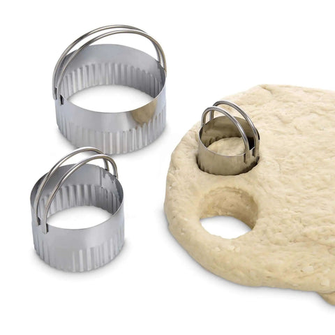 Graduated Round Cookie Cutter Set With Handles For Crinkle Cookies Fondant And Pie Crust Mini Cakes And Gingerbread Pieces Made From Stainless Steel Its Easy To Clean And A Must Have For Weeknight Bakes Three Piece Bakeware Set on dough