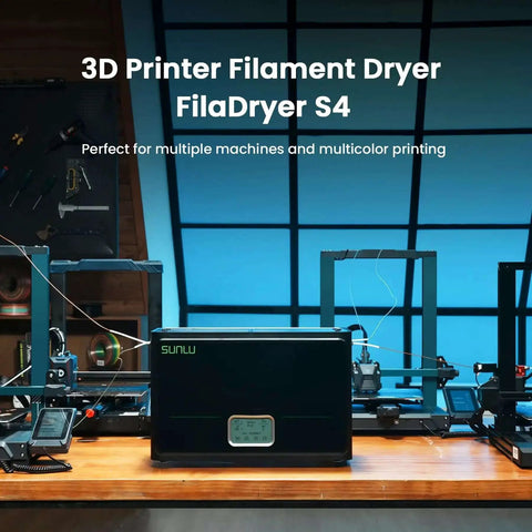 3D Printer Filament Dryer S4 4 Spool Capacity With 3 Circulation Fans, 350W PTC Heater on a desk in a workshop setting