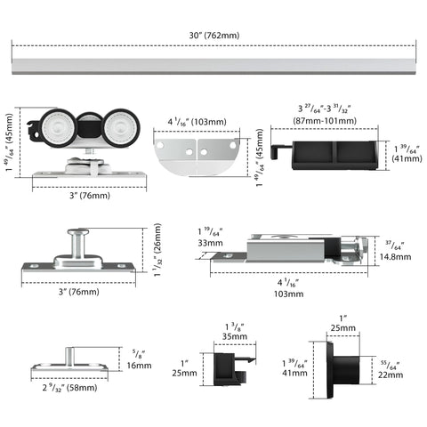 30 Inch Bifold Door Hardware Kit For Two Doors Aluminum Sliding Barn Door Top Mounted components and measurements guide.