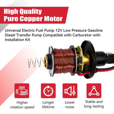 Universal 12V Electric Fuel Pump Kit With Low Pressure 3 To 6 PSI, showing a pure copper motor detail and installation kit