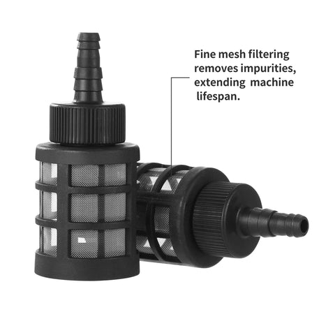 Four-pack hose inlet filters with 60-mesh stainless steel screens and check valve; fits 3/8–1/2 in hoses, black plastic.
