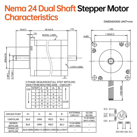 Technical diagram of Dual Shaft Nema 24 Stepper Motor High Torque For CNC Mill And 3D Printer with dimensions and wiring details