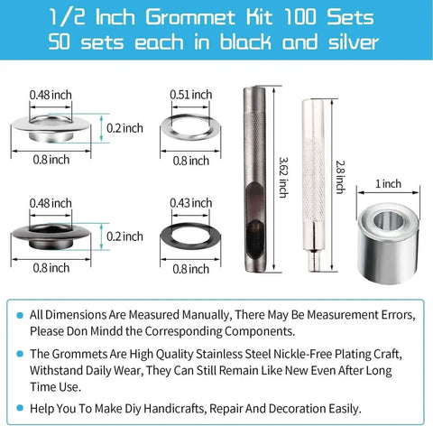 Heavy Duty Grommet Kit One Half Inch Grommets and Eyelets Set 100 Pieces with 3 Leather Punch Tools Stainless Steel Dimensions Chart
