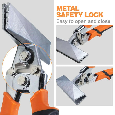3 Inch Sheet Metal Hand Seamer With Ergonomic Grip Handle, close-up of metal safety lock on heavy duty steel construction, orange handle