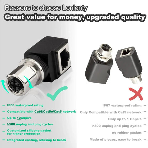 RJ45 To M12 X Coded 8 Pin Adapter 360 Degree Rotatable Shielded IP68 Industrial Ethernet Connector with comparison chart