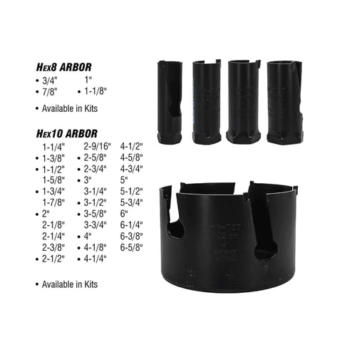 Set of hole saws and arbors showcasing sizes for Six And A Quarter Inch Carbide Tipped Hole Saw With Beast Mode Performance.