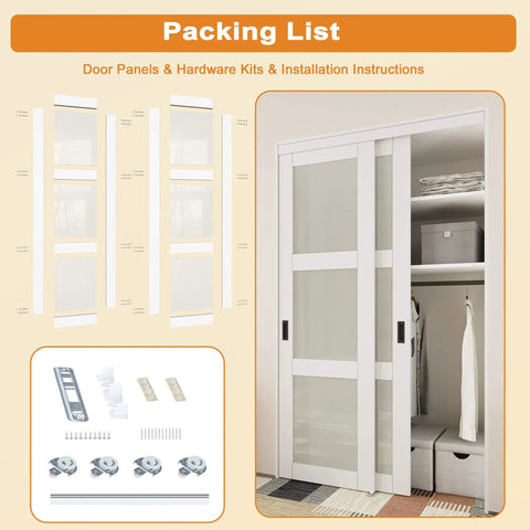 Sliding Closet Door Set 60x80 Inches Double Barn Doors With 3-Panel Frosted Fingerprint-Resistant Tempered Glass And Hardware Kit White MDF Paintable Surface Pre-Drilled Panels For No-Fuss Assembly installed in closet