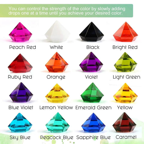 Vibrant 16 Color Epoxy Resin Pigment Set 0.35oz Each Liquid Dye For Resin Coloring Jewelry Making And Art Diy Crafts Perfect For Resin Artists And Hobbyists With A Wide Palette From Black White Sky Blue Sapphire Blue And Ruby Red shown in pyramid shapes