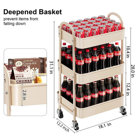 Beige 3 Tier Rolling Cart With Metal On Wheels holding Coca-Cola bottles, used for snacks storage, featuring deep baskets and dimensions.
