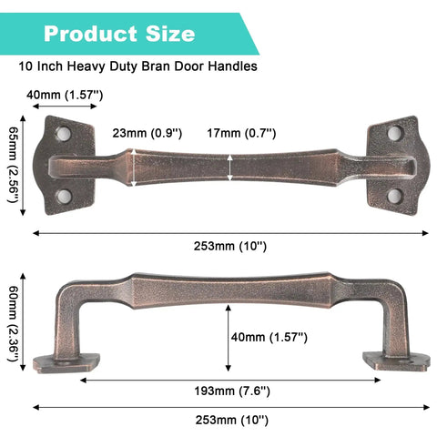 Diagram showing dimensions of 10 Inch Heavy Duty Rustic Sliding Barn Door Pull Handle in Oil Rubbed Bronze Finish.