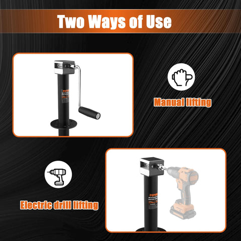 Heavy-duty A-frame trailer jack, black metal post with chrome crank, 30-inch lift; manual or drill-powered operation
