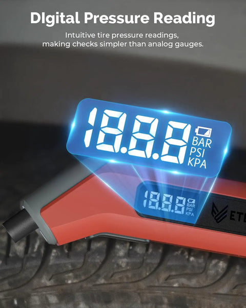 Digital Tire Pressure Gauge T300 3-200 PSI Calibrated to ANSI B40.7 Grade 2A With Replaceable AAA Batteries In Vivid Orange showing digital readout on tire.